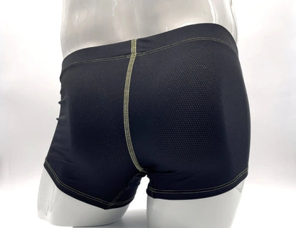 Stitch big boy pouch boxer brief in black mesh with subtle green stitching along the center seam