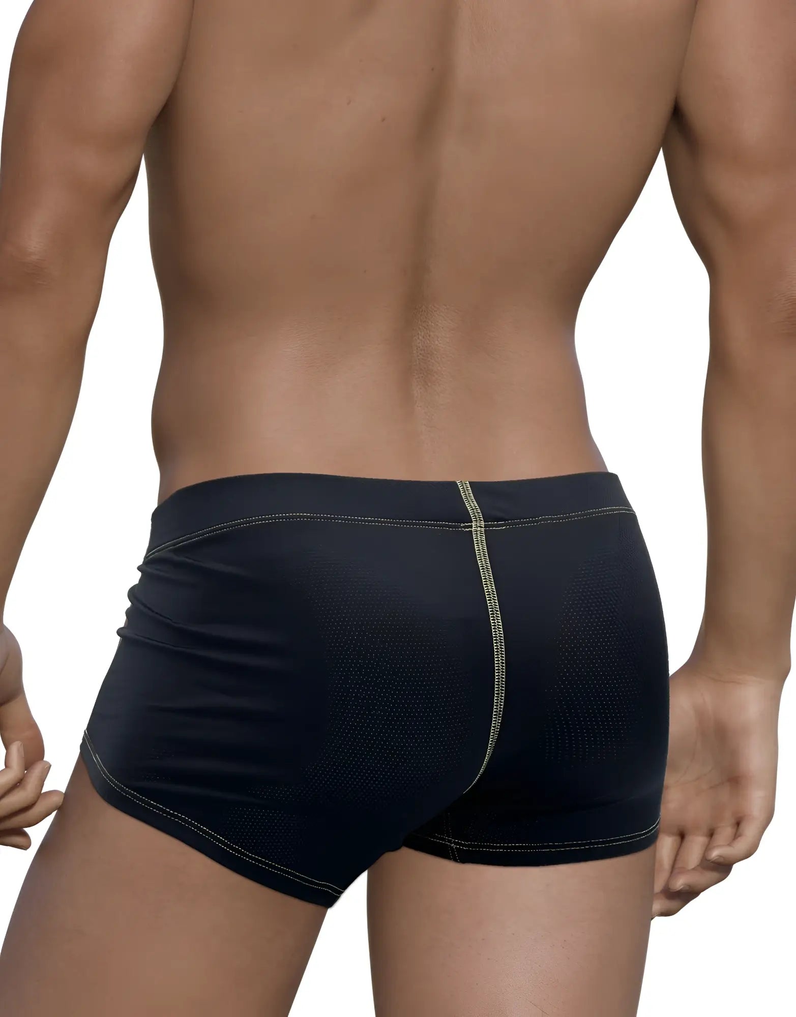 Stitch big boy pouch boxer brief yellow in black mesh with contrasting light green stitching along the seams