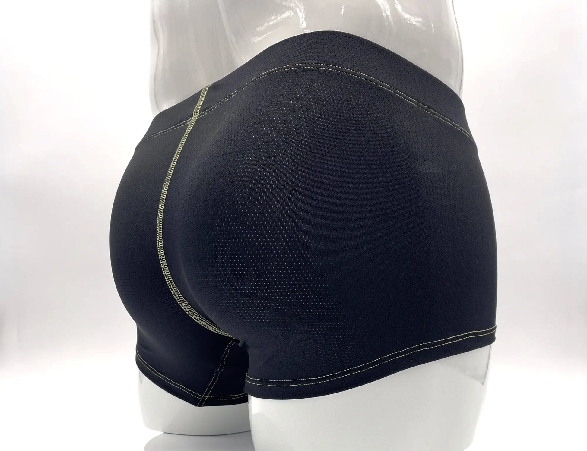 Yellow stitch big boy pouch boxer brief in black mesh with white stitching and silver zipper detail on the side