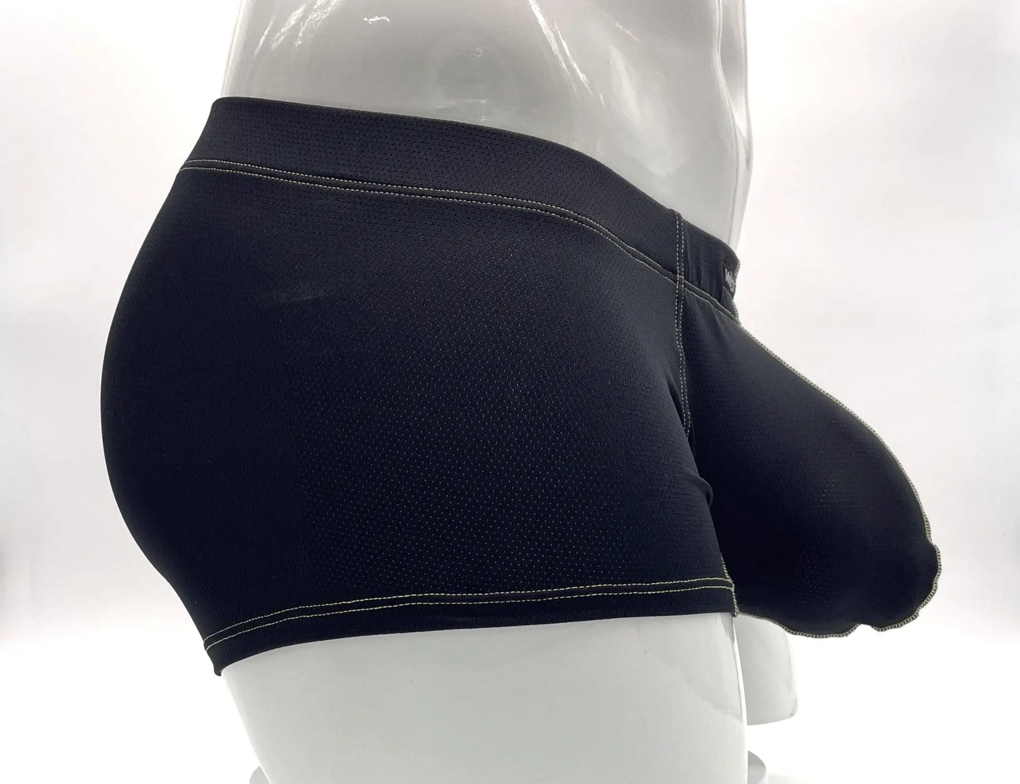 Stitch big boy pouch boxer brief in yellow featuring black mesh briefs with white stitching on waistband and leg openings