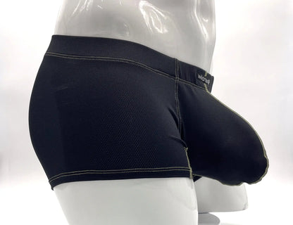 Black mesh stitch big boy pouch boxer brief with white stitching and wildcat waistband label in yellow