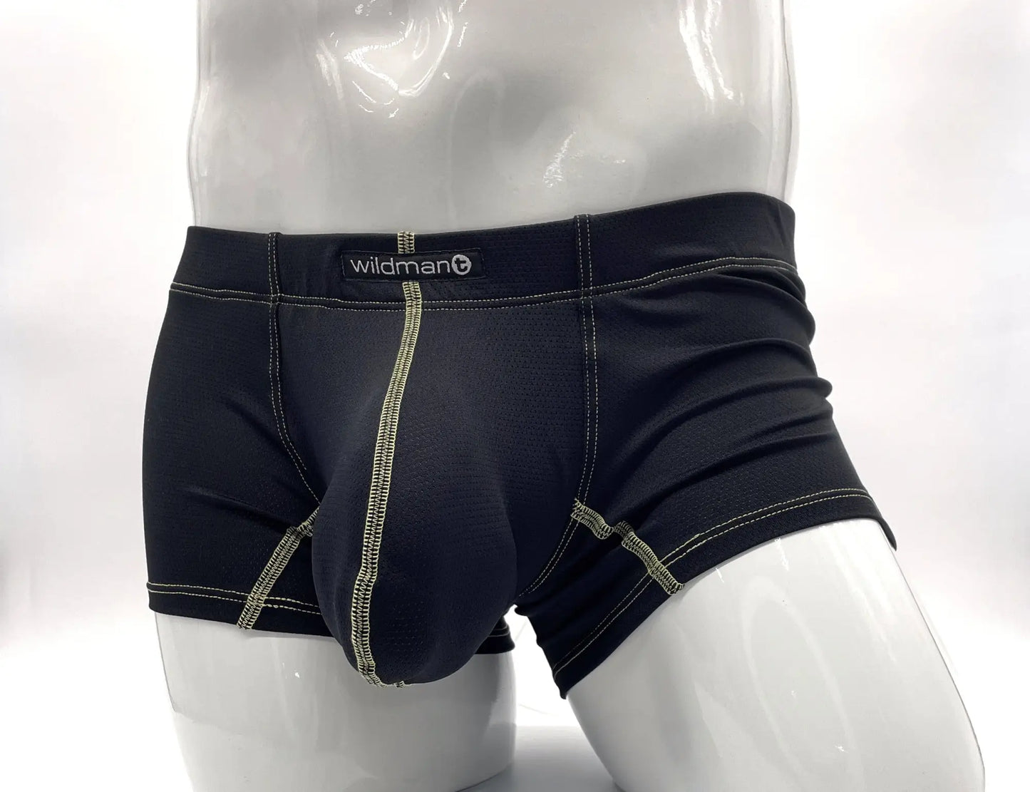 Stitch Big Boy Pouch boxer brief in black with yellow green stitching by Wildman made for everyday comfort