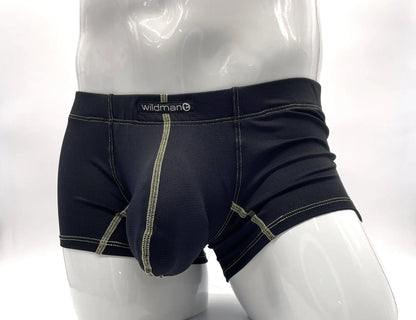 Stitch Big Boy Pouch boxer brief in black with yellow green stitching by Wildman made for everyday comfort