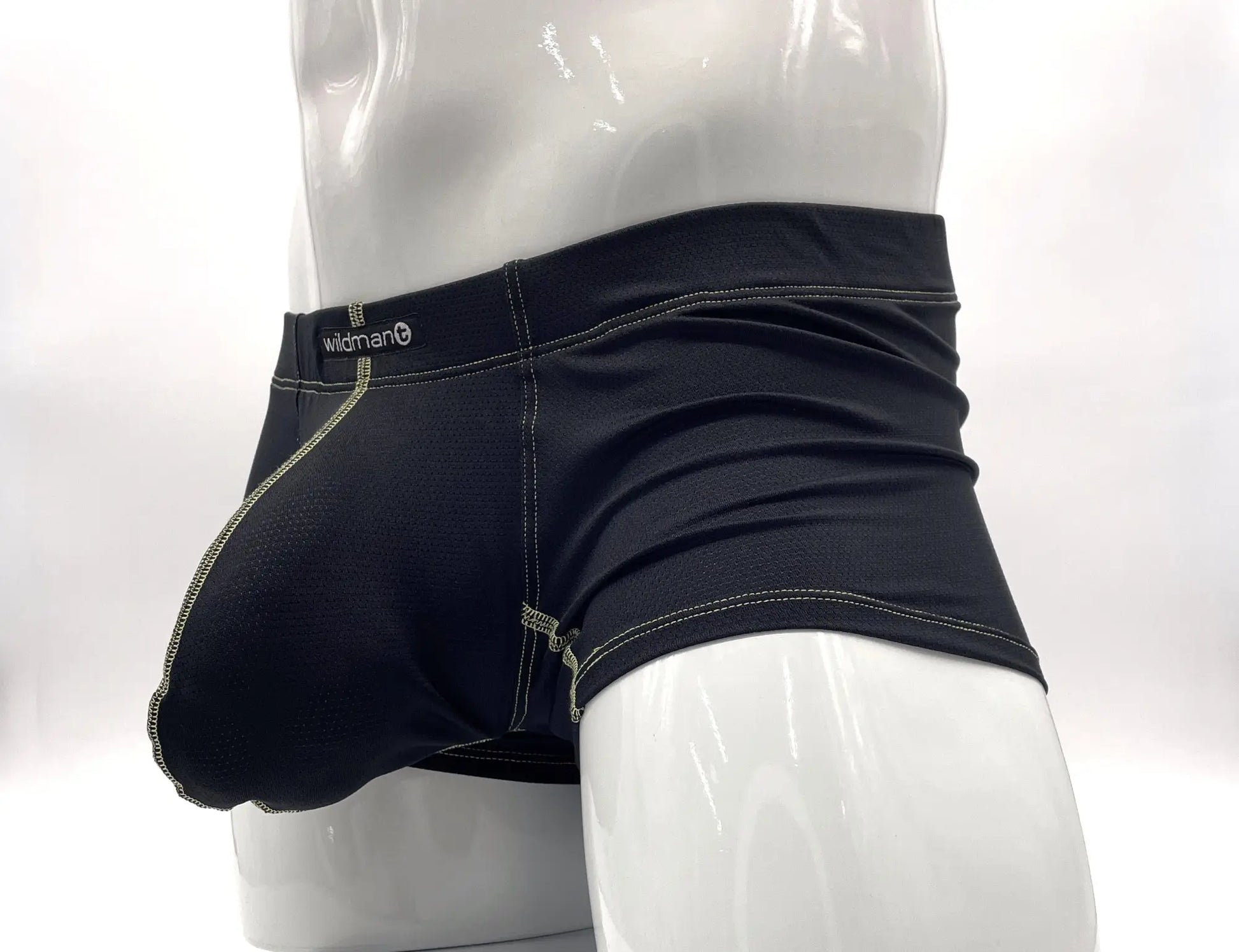 Stitch big boy pouch boxer brief yellow by black wildman featuring snug fit black fabric with light green stitching