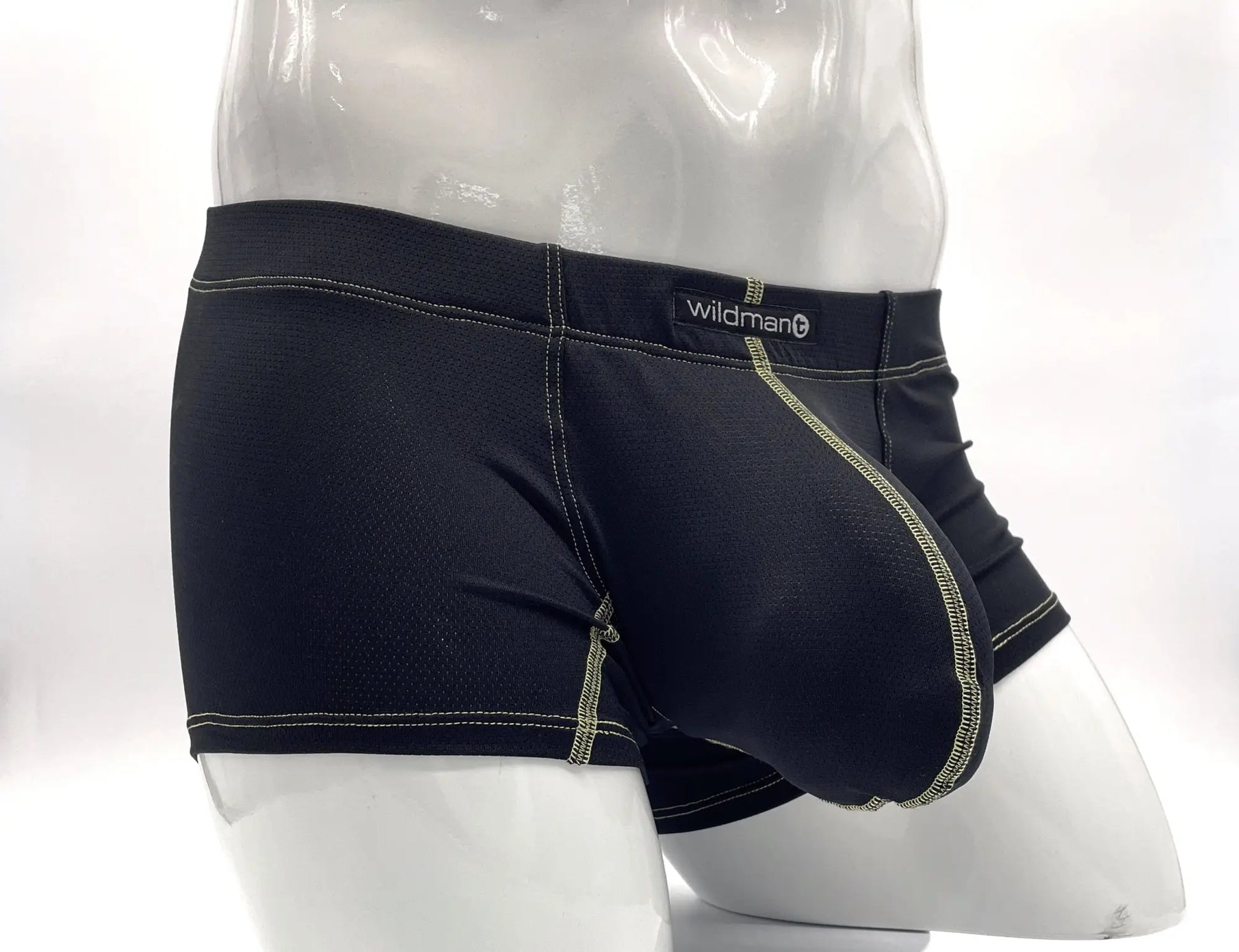 Black wildman stitch big boy pouch boxer brief in yellow with light green stitching and textured fabric design