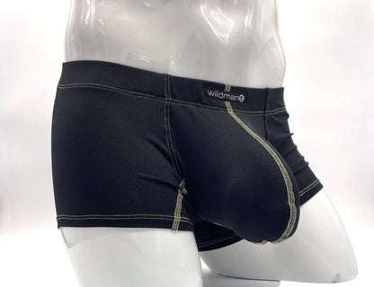 Black wildman stitch big boy pouch boxer brief in yellow with light green stitching and textured fabric design