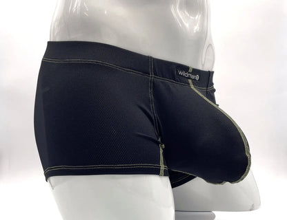 Black wildman stitch big boy pouch boxer brief in yellow with textured fabric and contrasting light green stitching