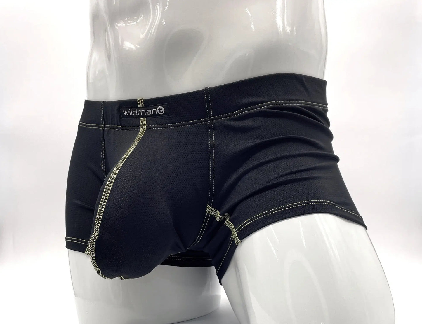 Black wildman+ men’s stitch big boy pouch boxer briefs in yellow with contrasting light green stitching and sleek design