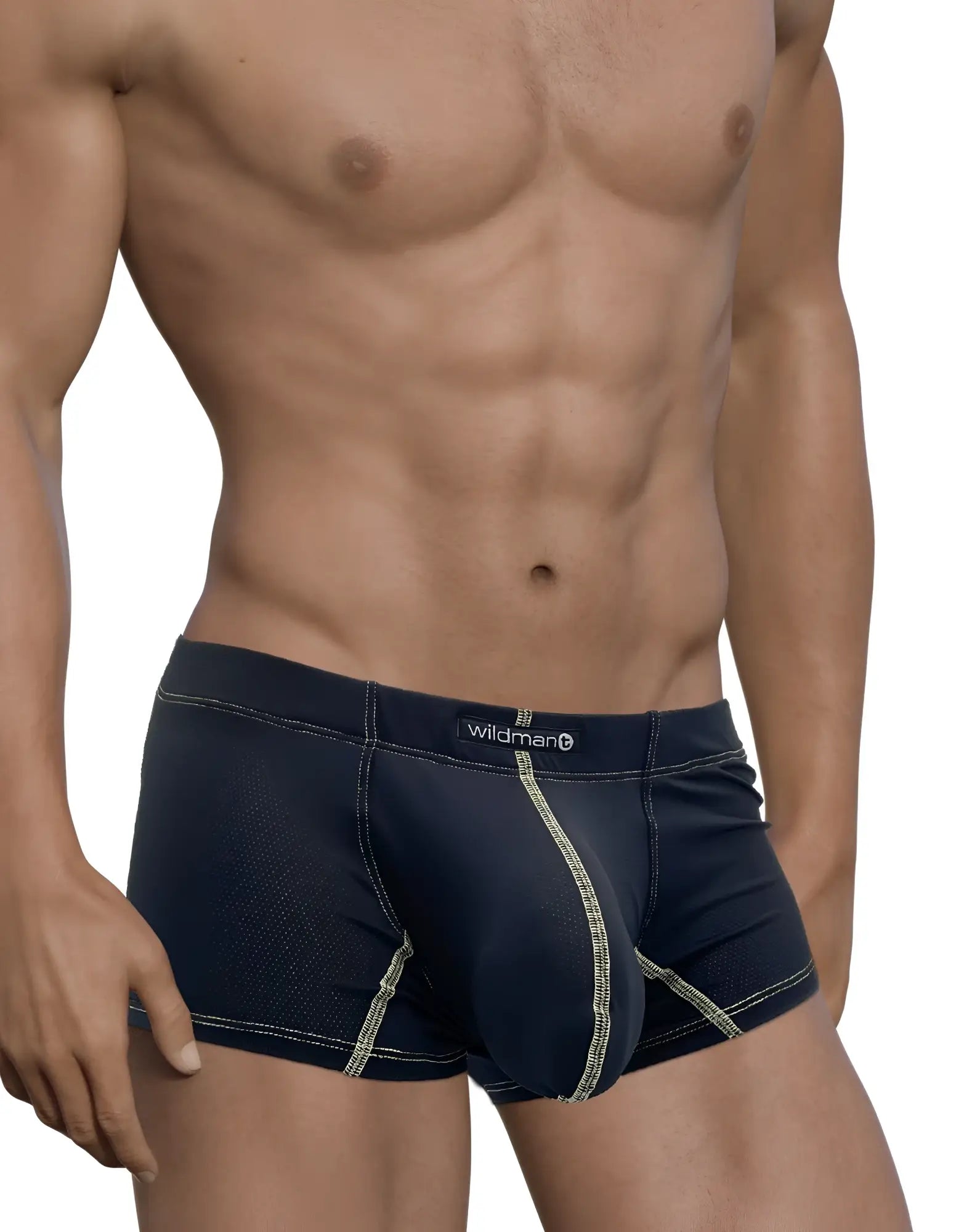 Dark blue stitch big boy pouch boxer brief with light green stitching and subtle textured pattern