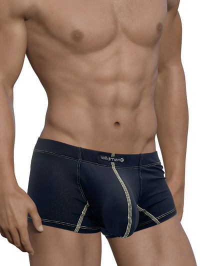 Dark blue stitch big boy pouch boxer brief with light green stitching and subtle textured pattern