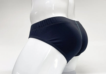 Black stitch big boy pouch brief with snug fit and subtle gray stitching along the waistband in blue