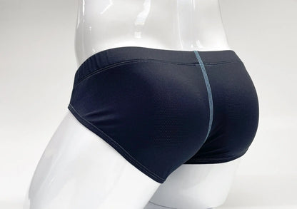 Stitch big boy pouch brief in black with subtle mesh texture and light gray stitching along center seam