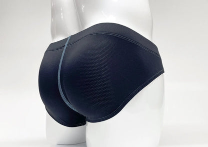 Stitch big boy pouch brief blue in black athletic fabric with textured mesh panel and light gray side seam stitching