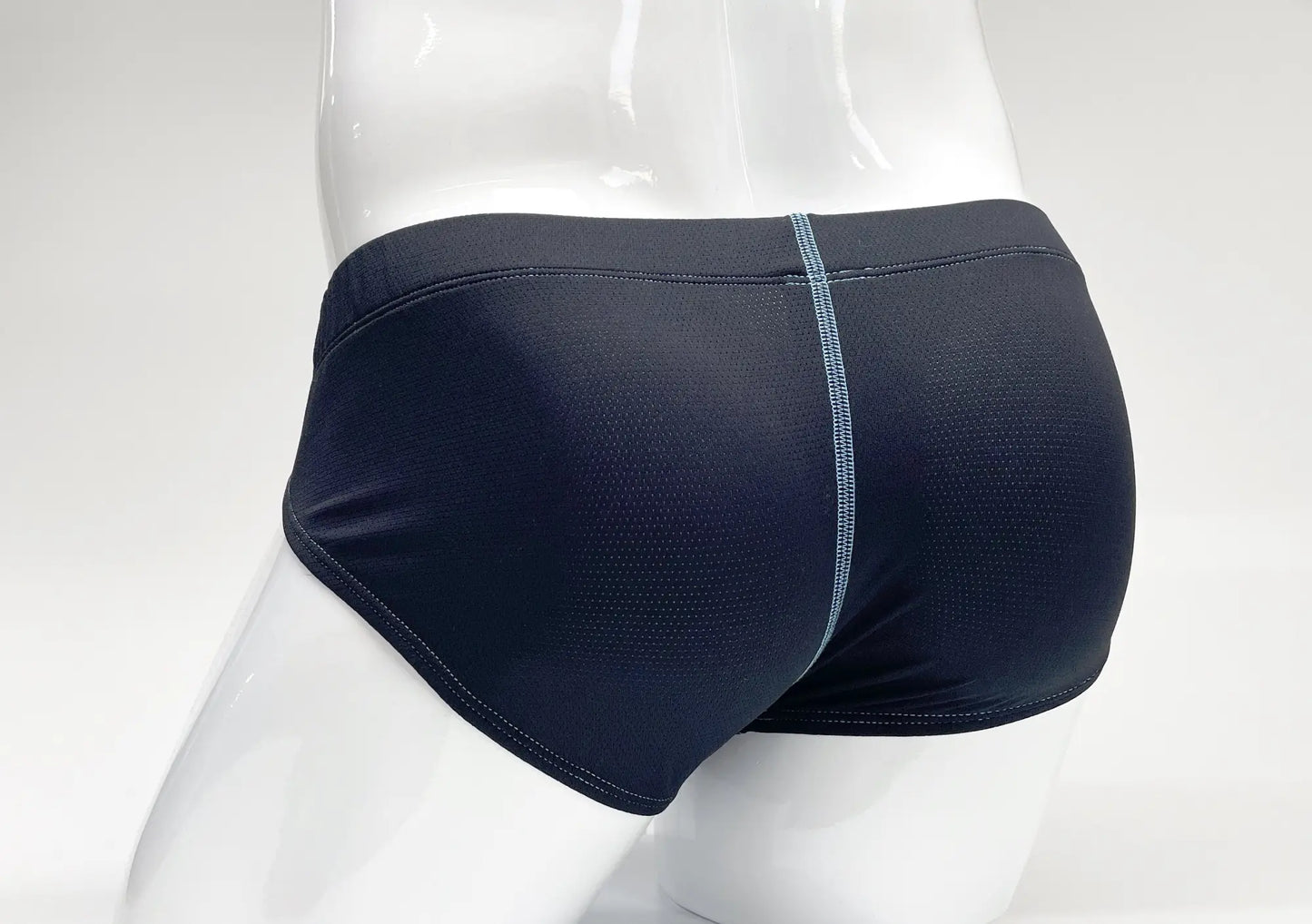 Stitch big boy pouch brief blue black mesh swim trunks with subtle gray seam down the center front