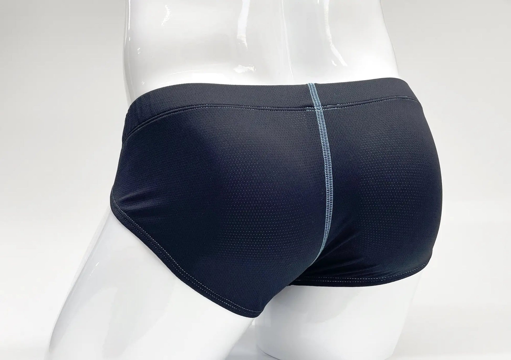 Stitch big boy pouch brief blue black mesh swim trunks with subtle gray seam down the center front