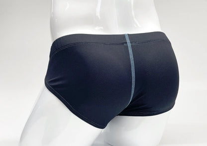 Stitch big boy pouch brief blue black mesh swim trunks with subtle gray seam down the center front