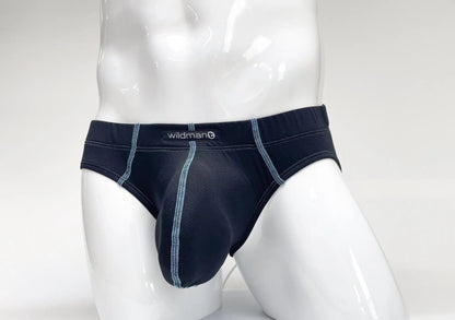 Black wildman stitch big boy pouch brief in black with light blue stitching along the seams