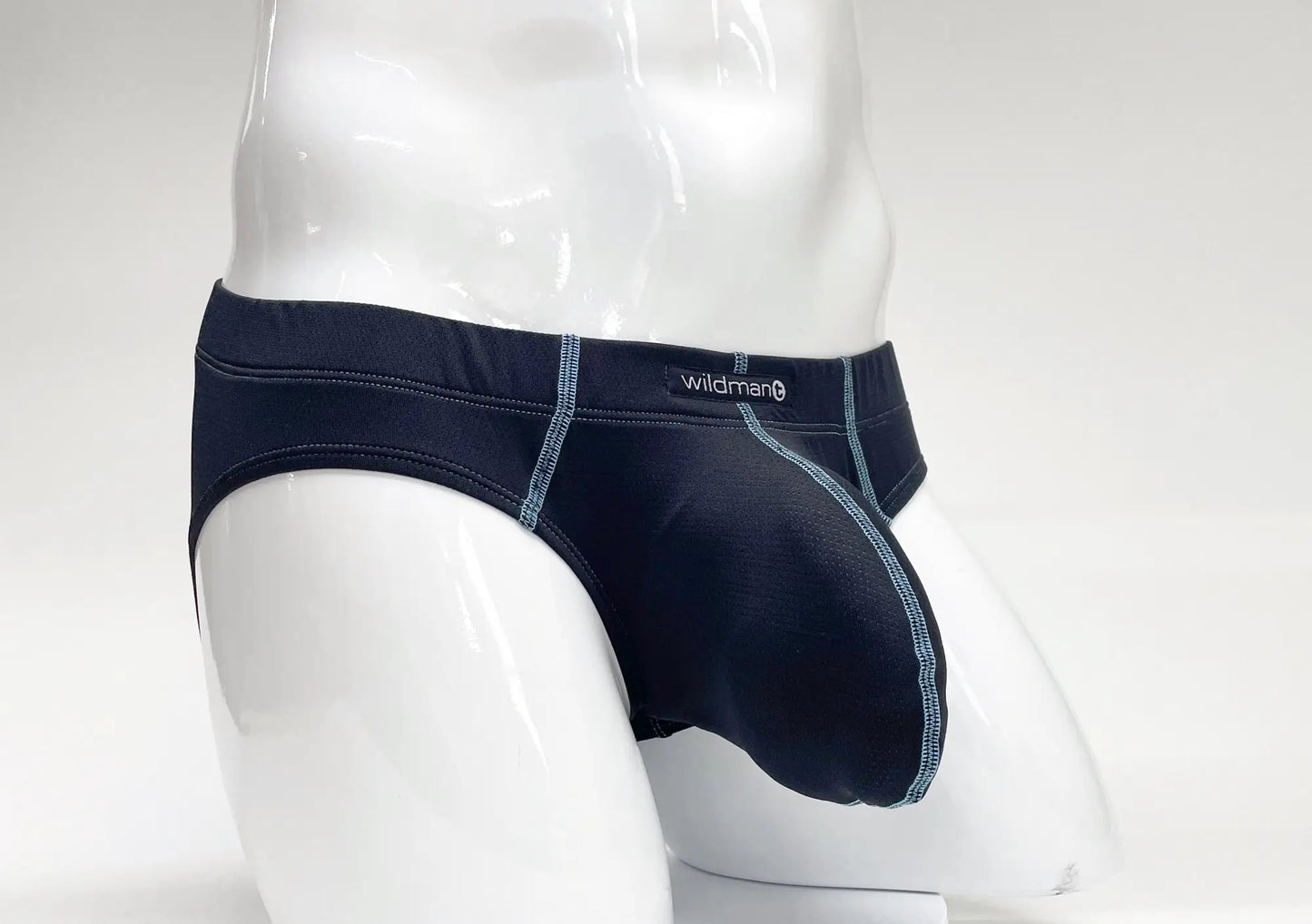 Black wildman brand Stitch Big Boy Pouch brief in blue with contrasting light gray stitching along the seams