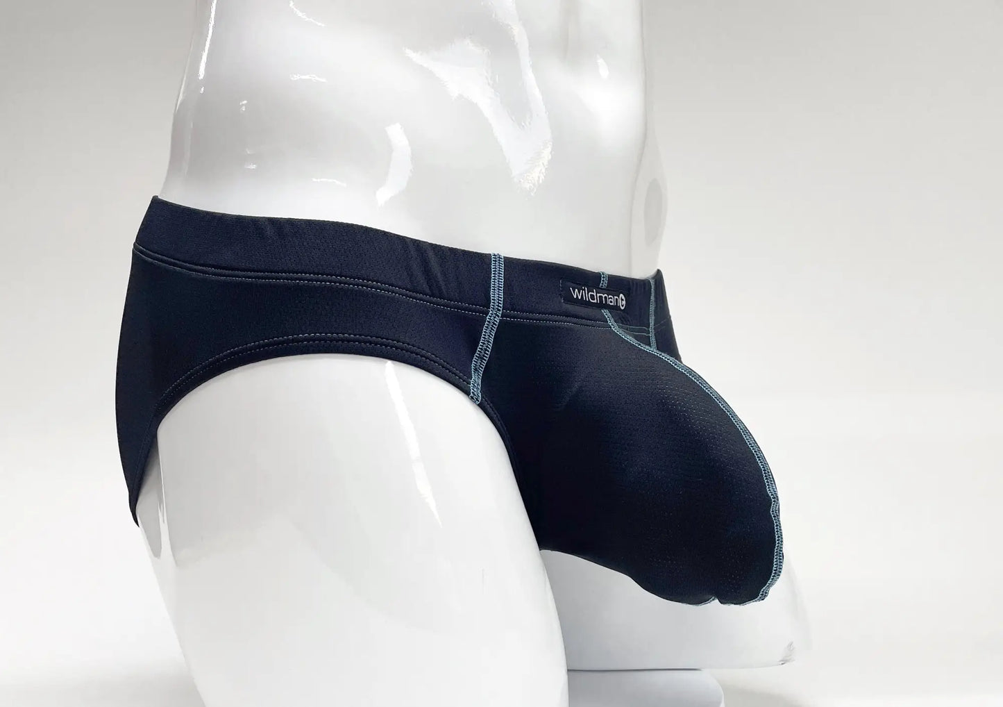 Black wildman men’s briefs with blue contrasting stitching along seams stitched big boy pouch brief blue design