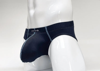 Dark blue denim stitch big boy pouch brief with light gray stitching and wildman logo waistband