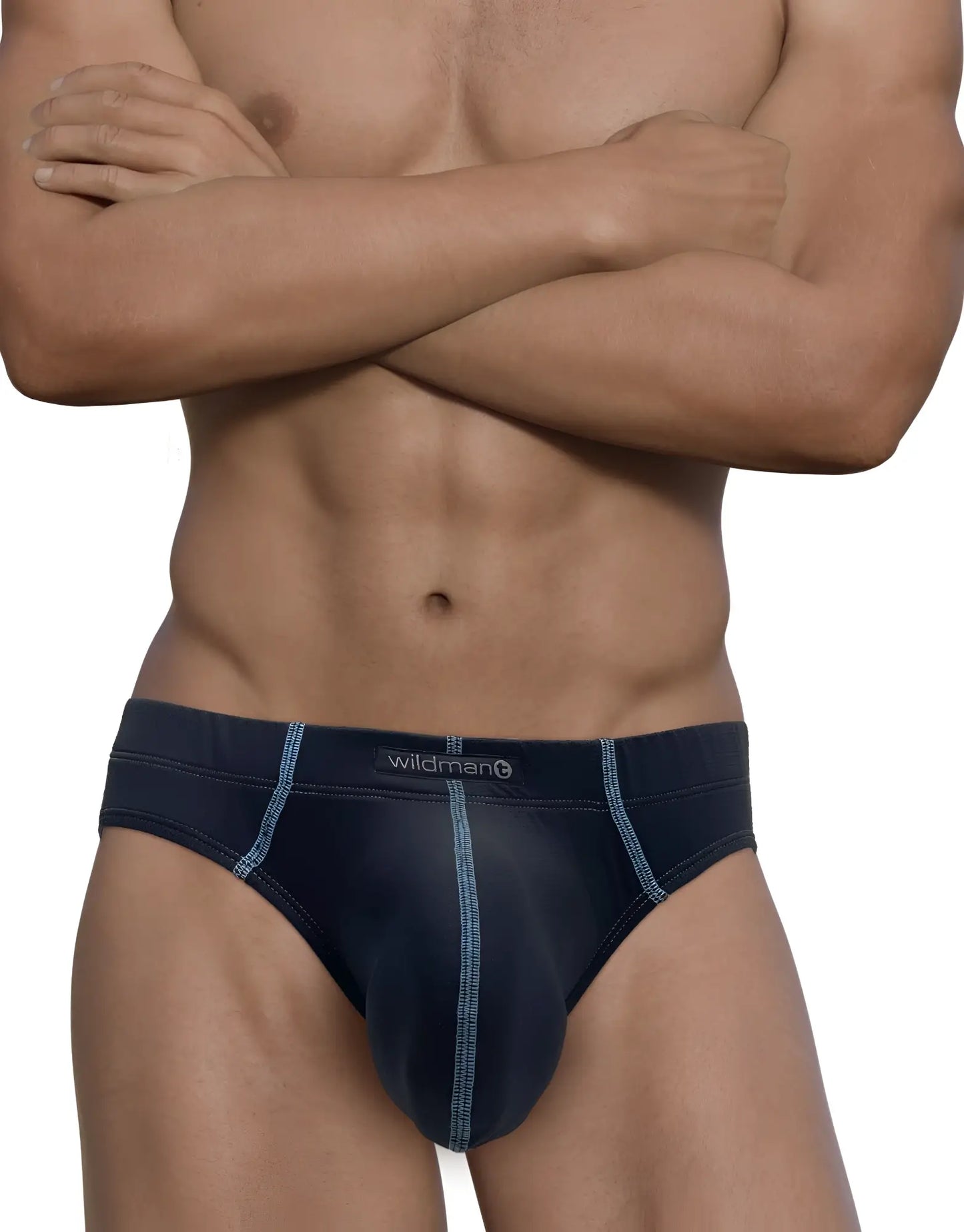 Dark blue stitch big boy pouch brief with light blue stitching and wildman brand label on the waistband