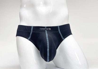 Dark navy blue stitch big boy pouch brief with light gray stitching and wildman brand label on waistband