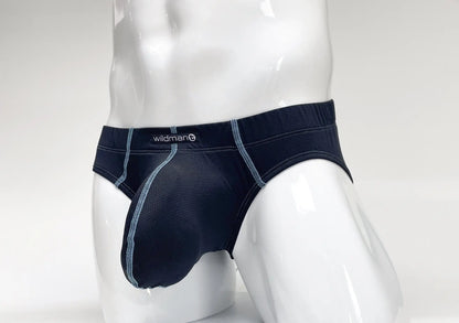 Dark navy blue stitch big boy pouch brief with light gray stitching and wildman waistband label for men