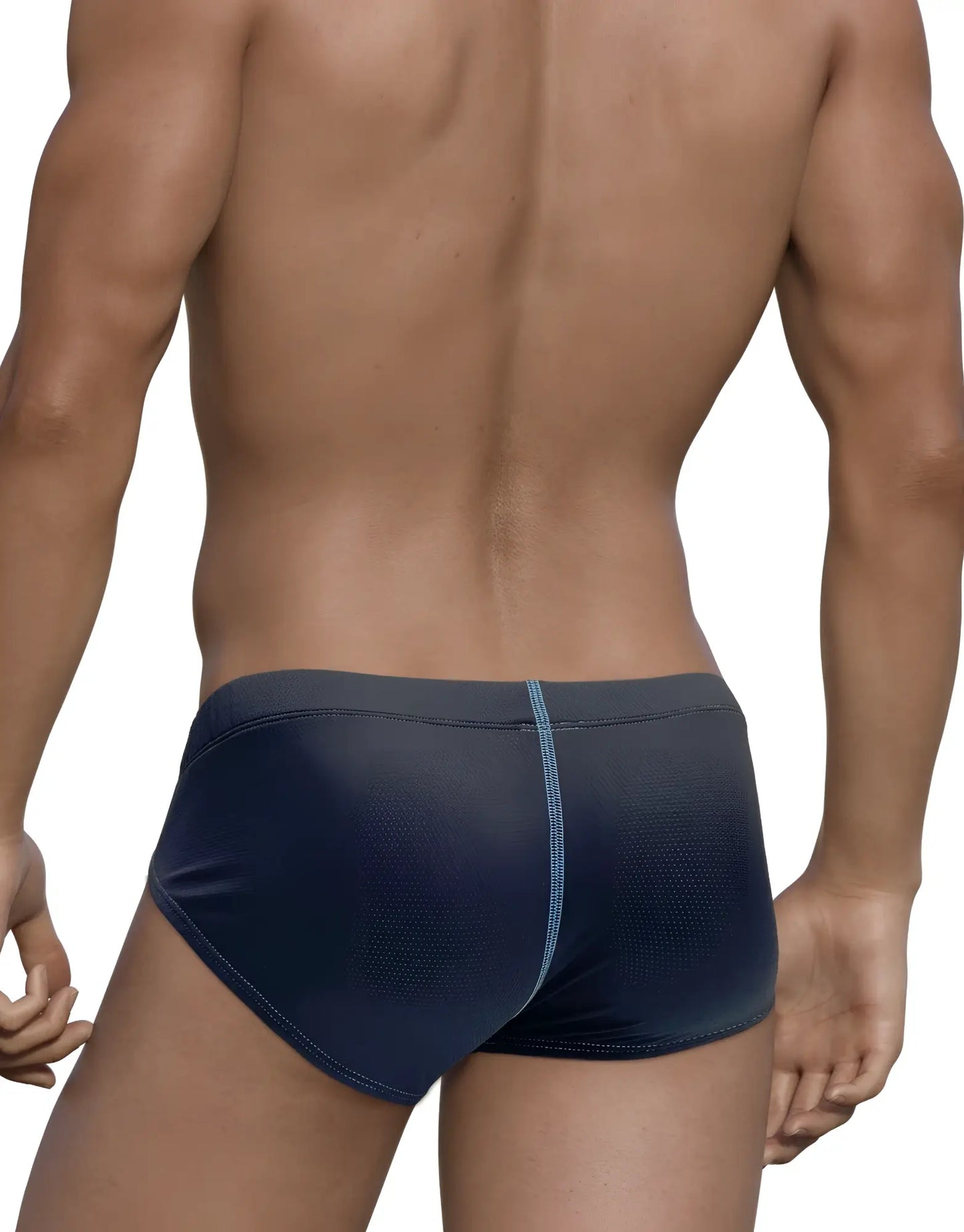 Dark blue textured Stitch Big Boy pouch brief swim trunks with a subtle light blue seam down the center