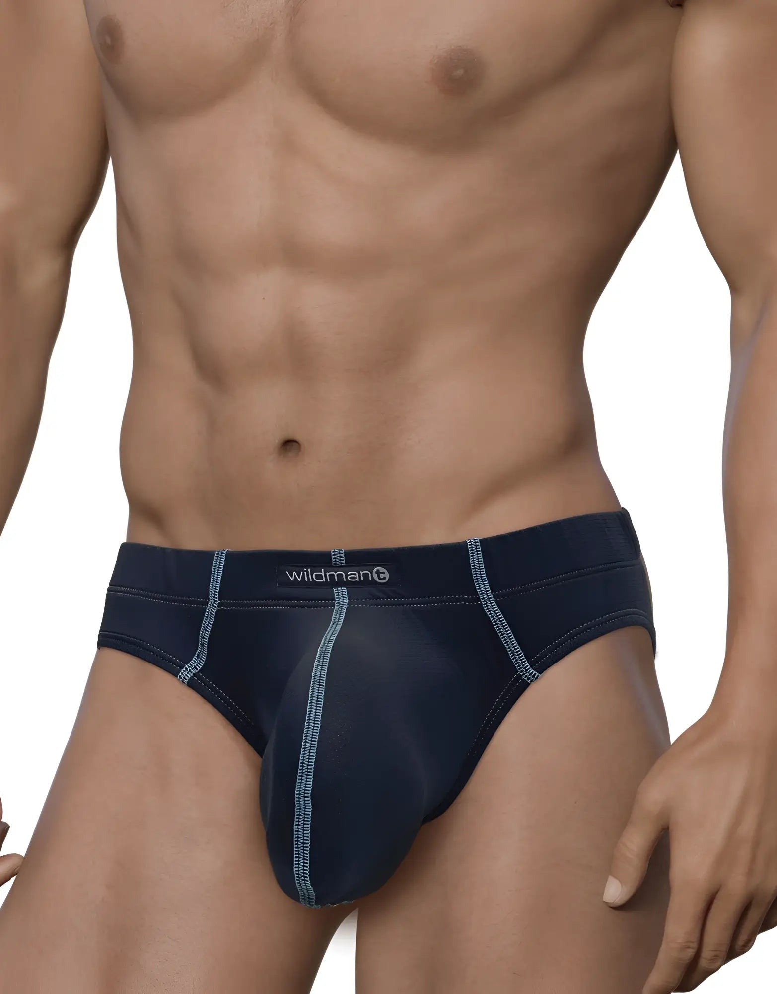 Dark blue wildman brand stitch big boy pouch brief with light gray stitching along the seams
