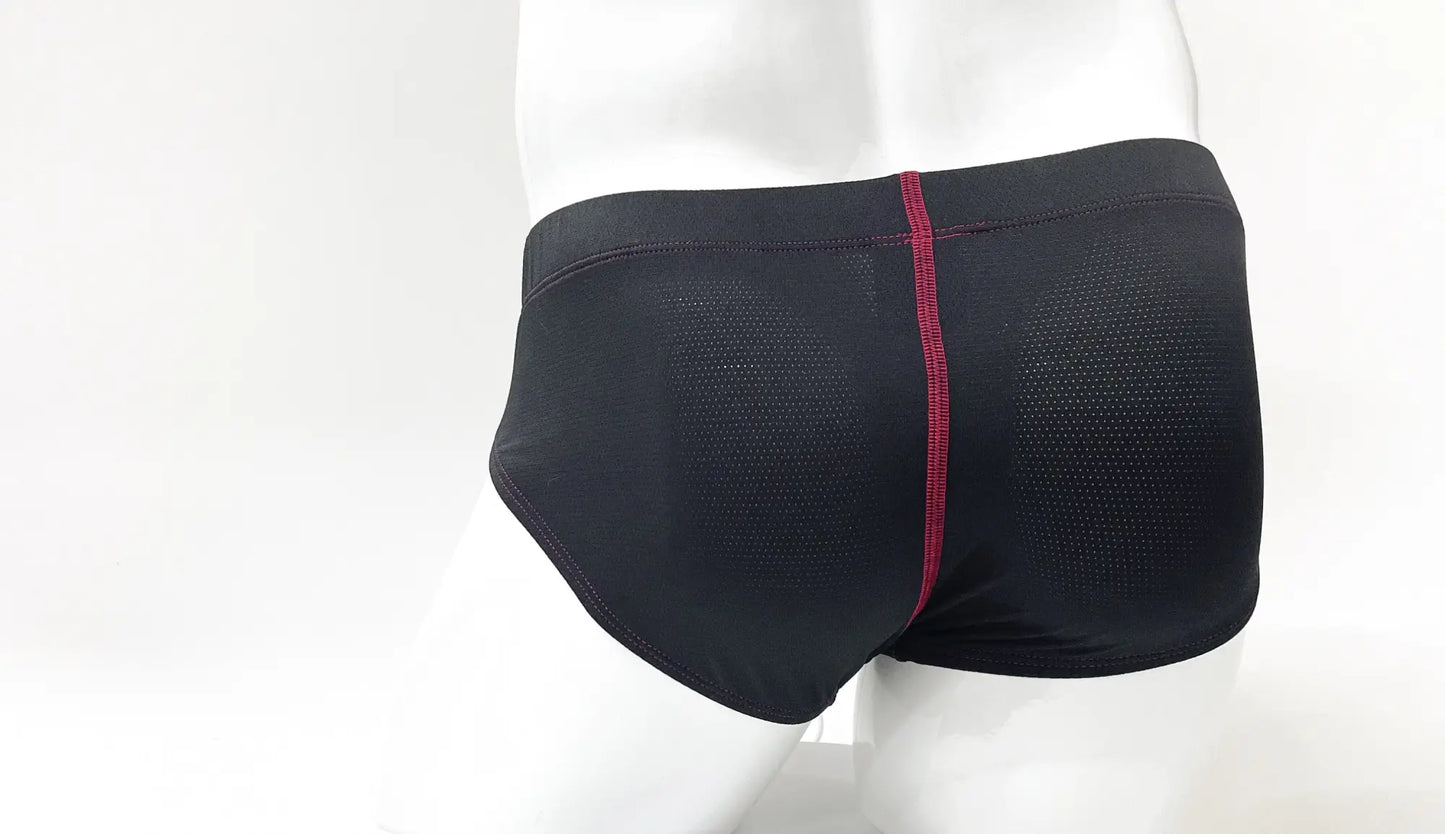 Black stitch big boy pouch brief with red central seam and mesh panels shown from the back