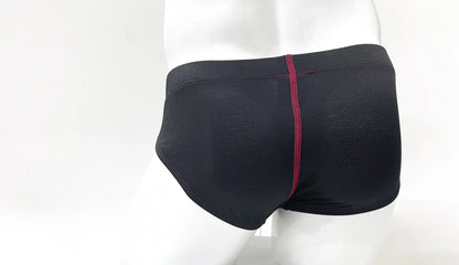 Black stitch big boy pouch brief with red central seam and mesh panels shown from the back