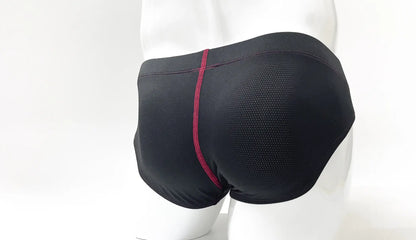 Black stitch big boy pouch brief with red vertical seam and breathable mesh texture for athletic use