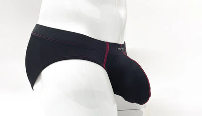 Black men’s Stitch Big Boy Pouch brief in red with contrasting red stitching and a nordic brand tag on the waistband