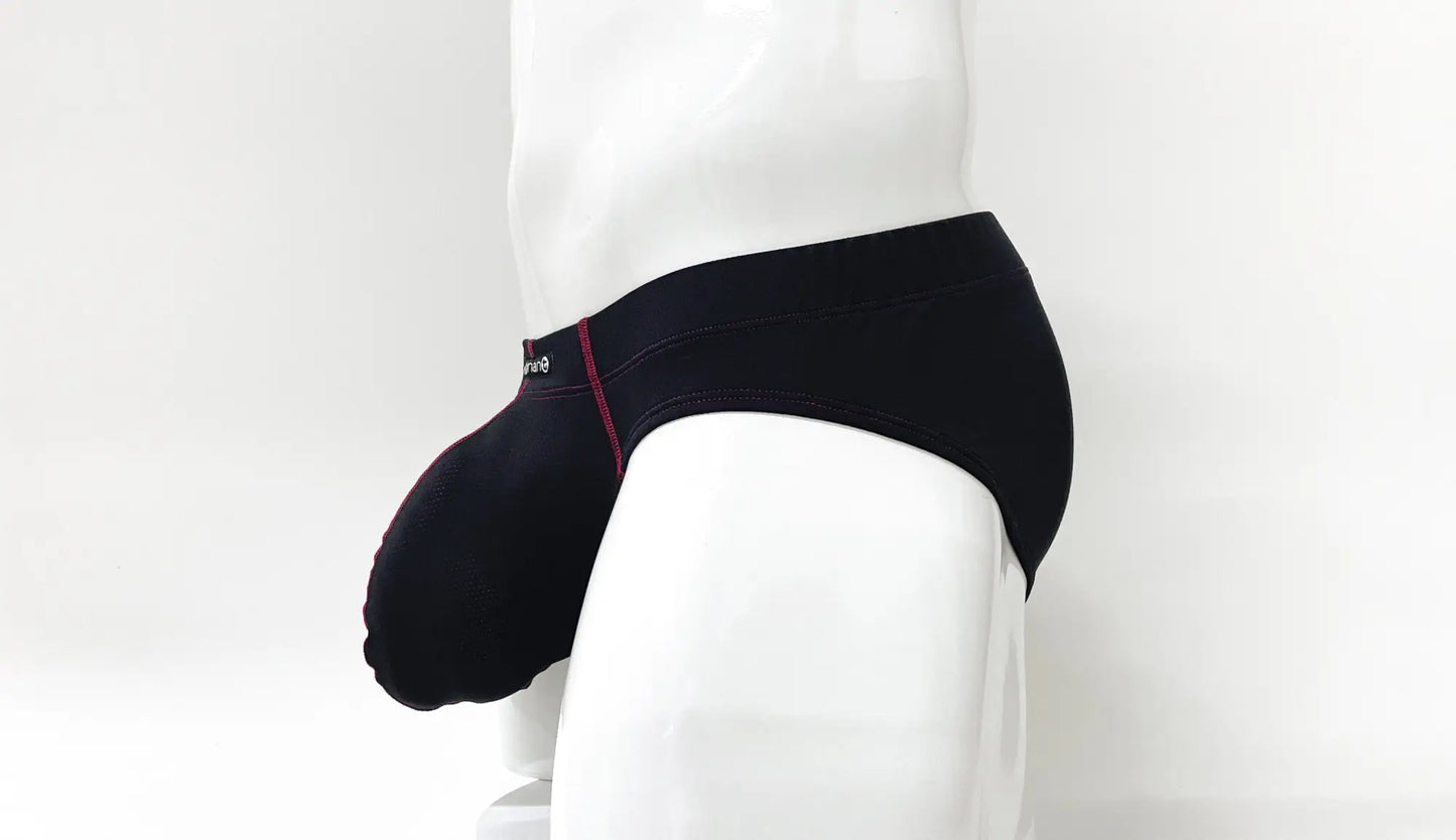 Black men’s briefs with subtle red stitching along the side seam from stitch big boy pouch brief red collection
