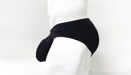 Black men’s briefs with subtle red stitching along the waistband in the stitch big boy pouch brief red style