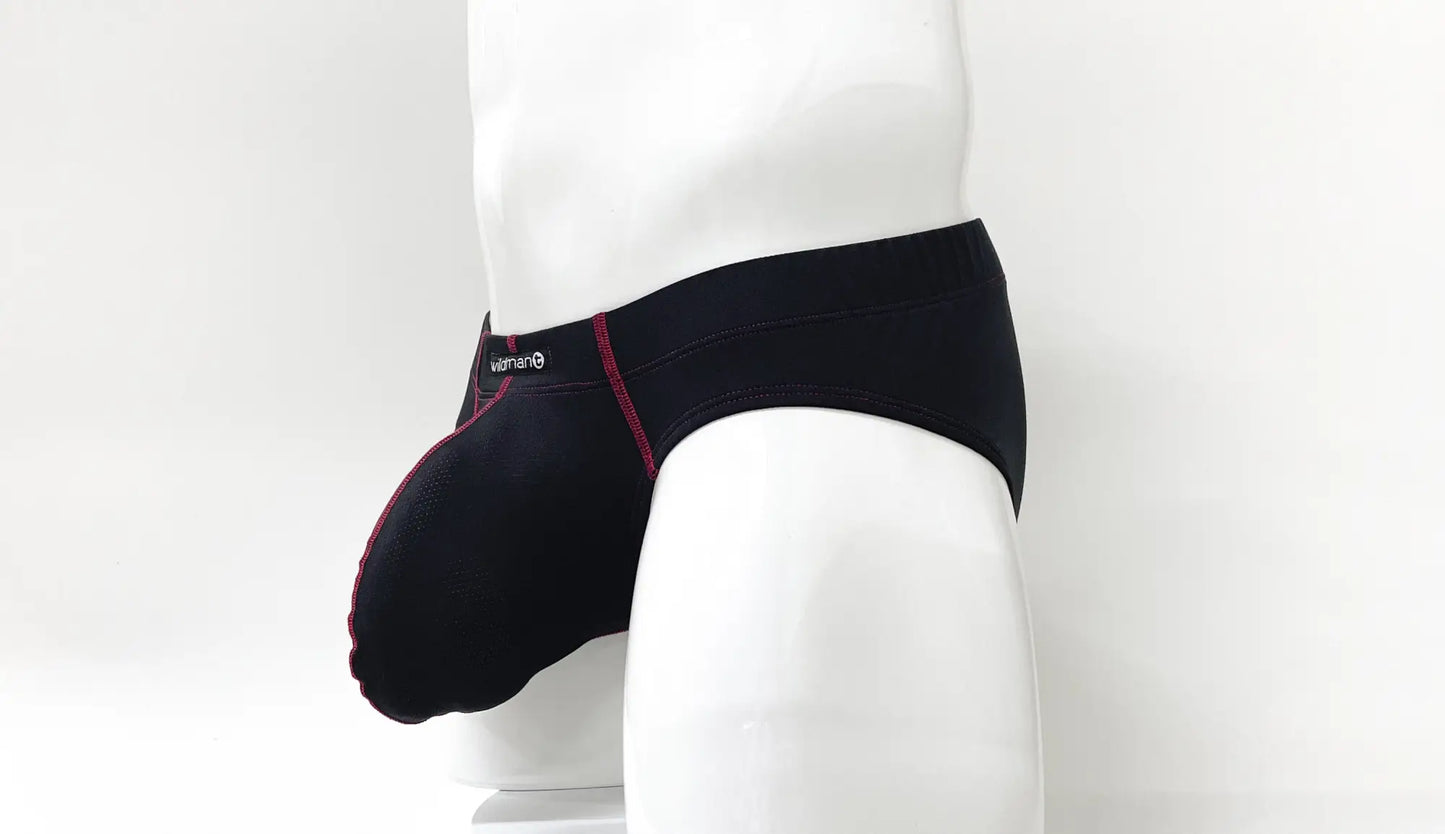 Black men’s Stitch Big Boy Pouch Brief with red stitching and small white logo on waistband front view