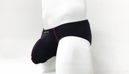 Black men’s Stitch Big Boy Pouch Brief with red stitching and small white logo on waistband front view