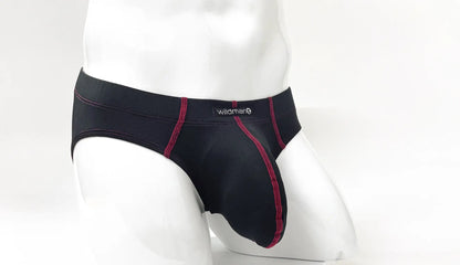 Black men’s briefs with red stitching and wildman brand label on waistband from stitch big boy pouch brief red collection