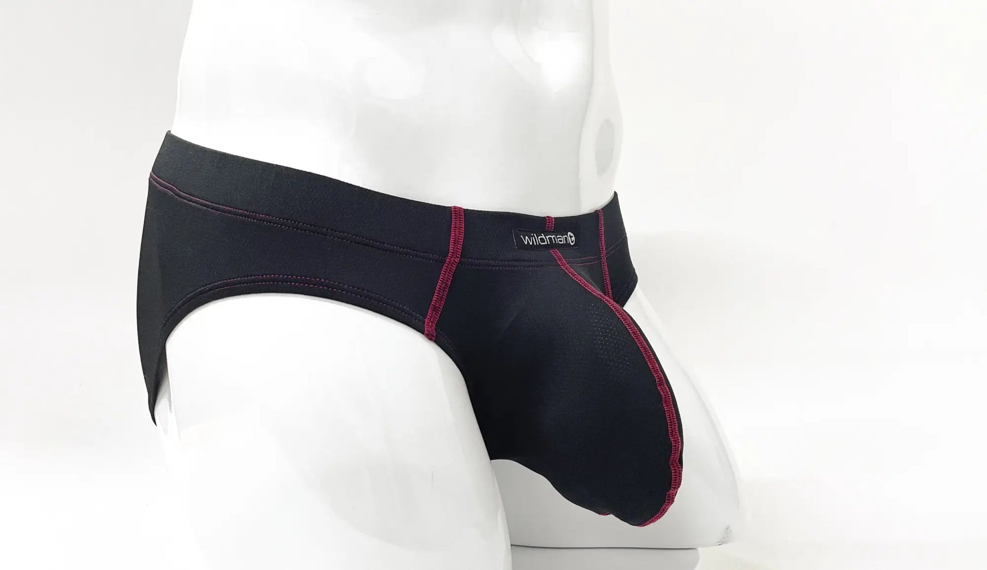 Black men’s briefs stitch big boy pouch brief red with contrasting red stitching and wildman brand label on waistband