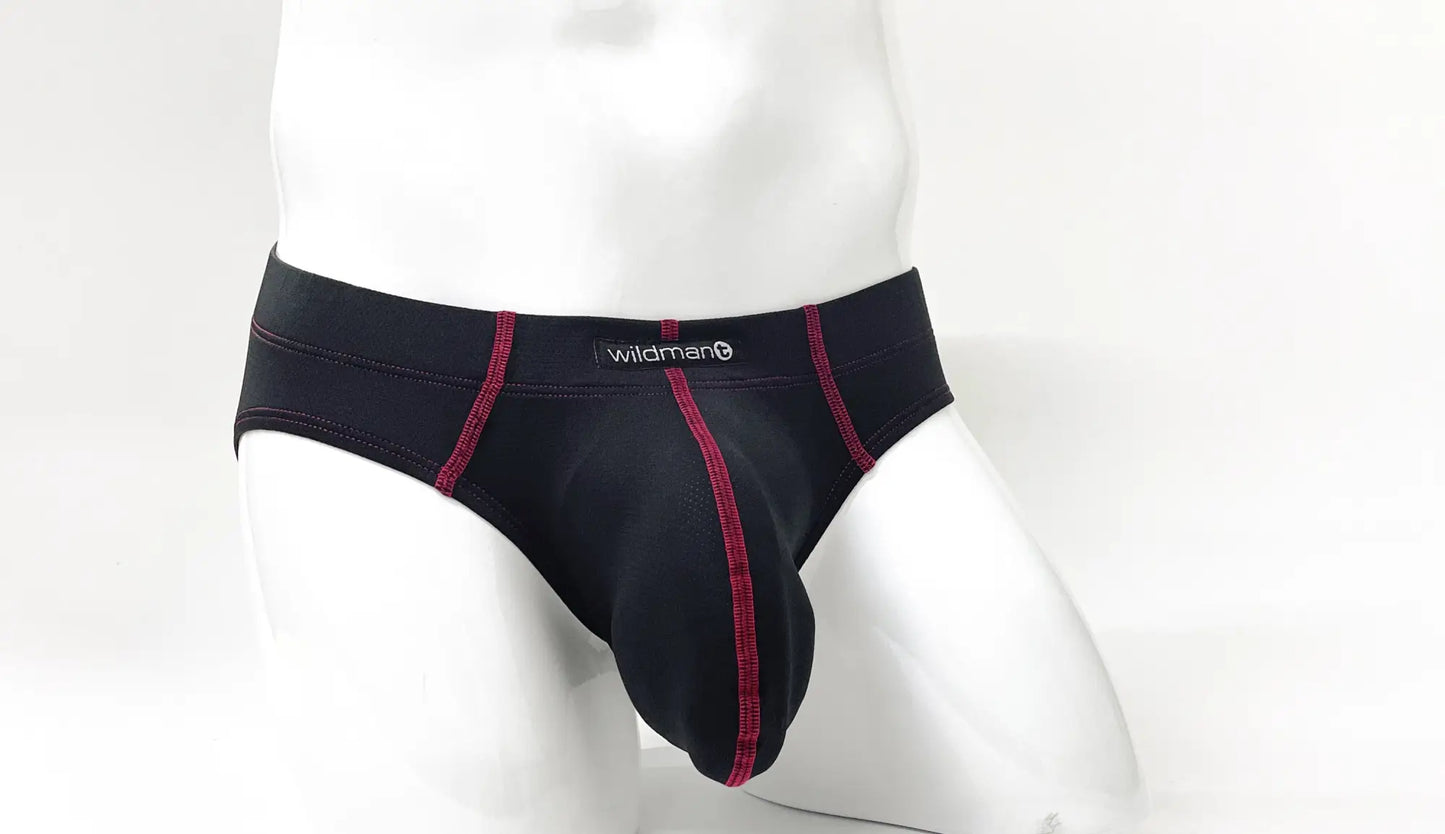 Black men’s Stitch big boy pouch briefs with contrasting red stitching and wildman brand label on waistband