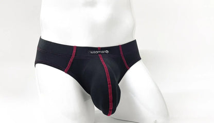 Black men’s Stitch big boy pouch briefs with contrasting red stitching and wildman brand label on waistband