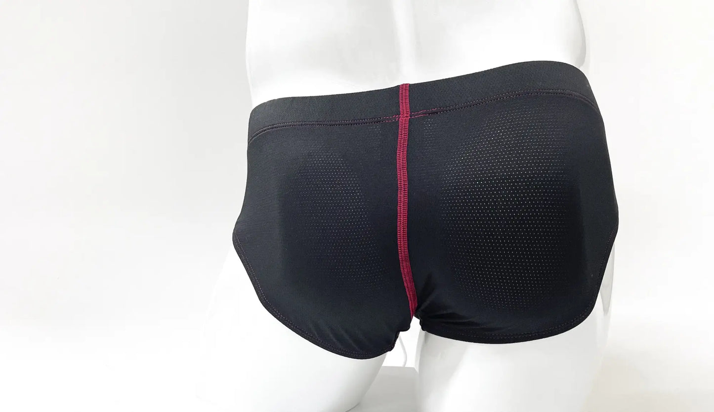 Black mesh stitch big boy pouch brief with red central seam designed for comfort and support