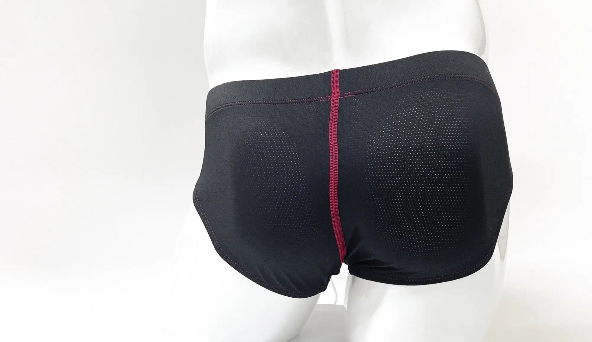 Black mesh stitch big boy pouch brief with red central seam designed for comfort and support