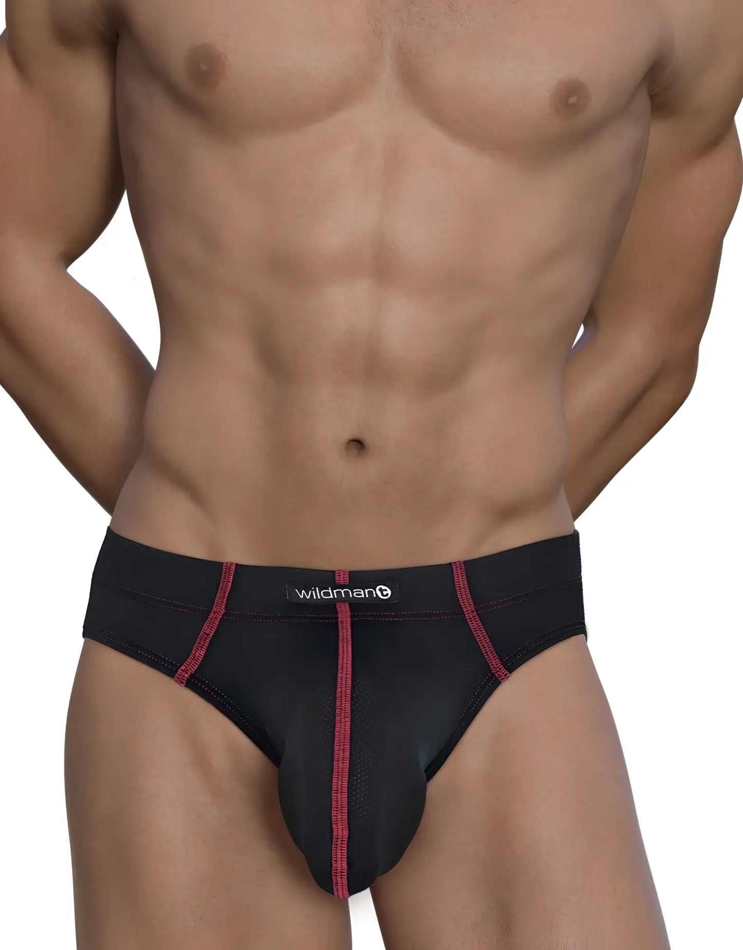 Black wildman Stitch Big Boy pouch brief in black with red stitching details designed for comfortable support