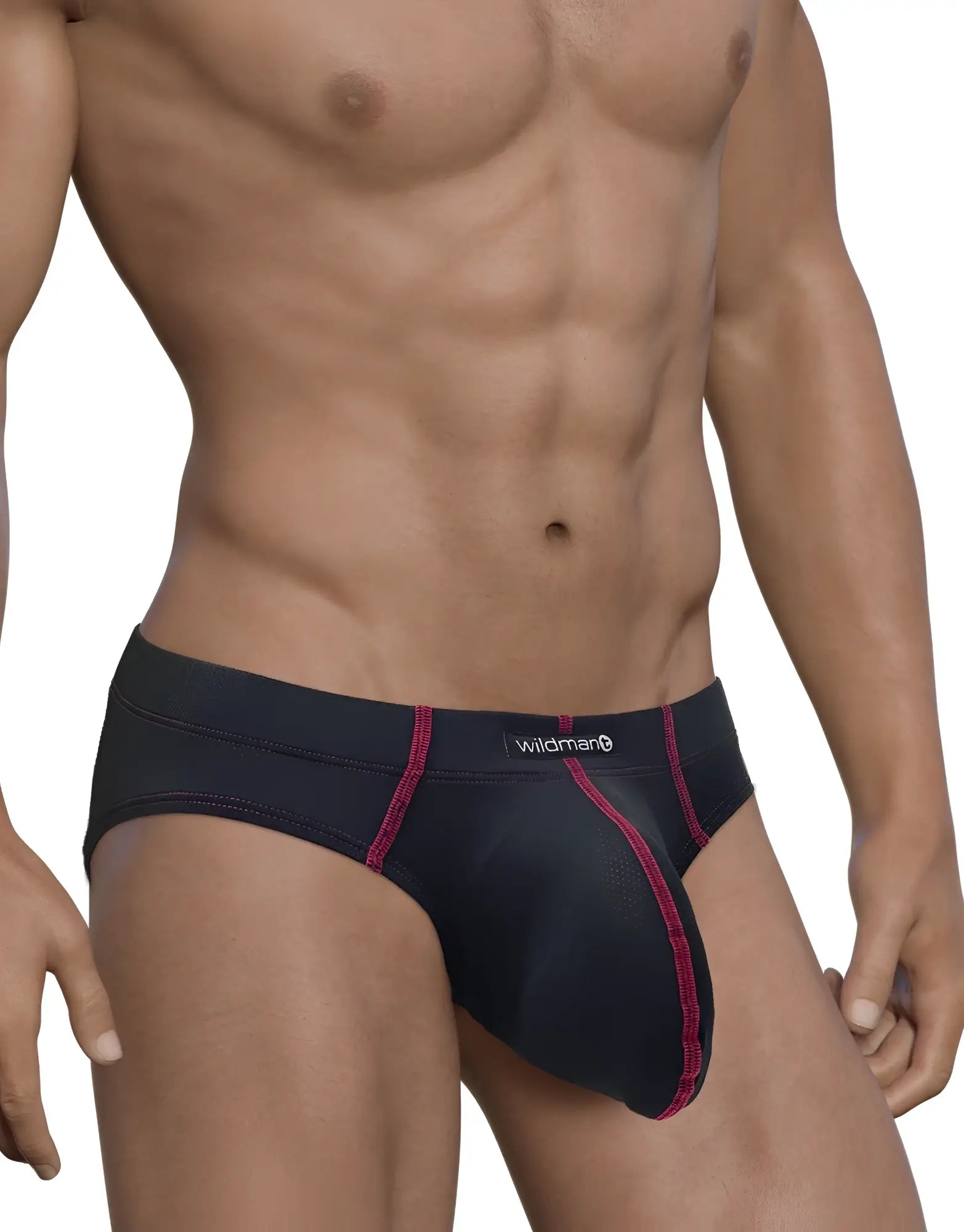 Black wildman stitch big boy pouch brief in black with pink stitching along edges for comfortable support