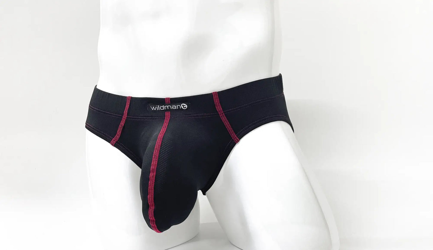 Black wildman stitch big boy pouch brief with red stitching along seams and waistband in breathable fabric