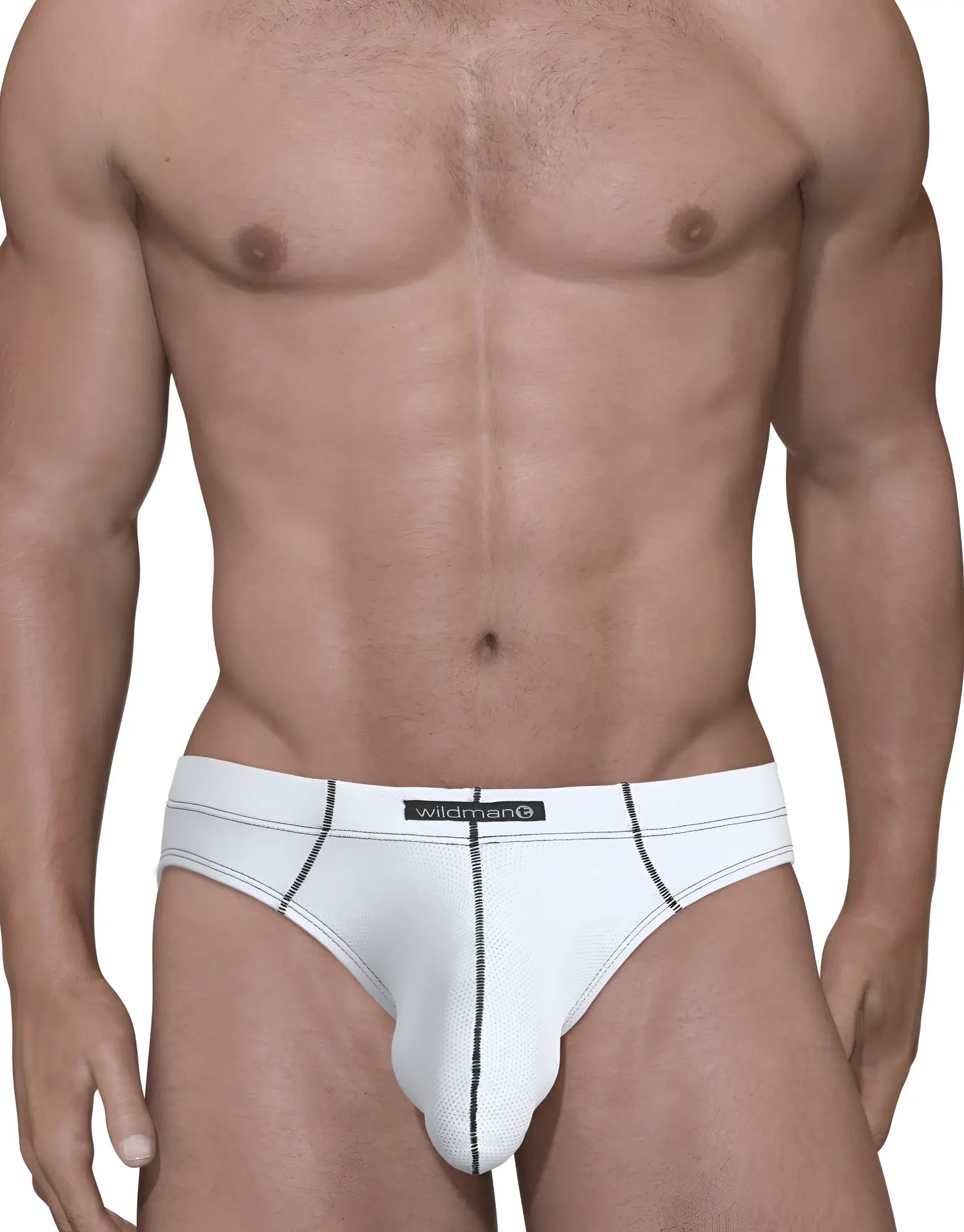 White mens Stitch Big Boy Pouch Brief with black stitching and wildman brand label in white cotton fabric