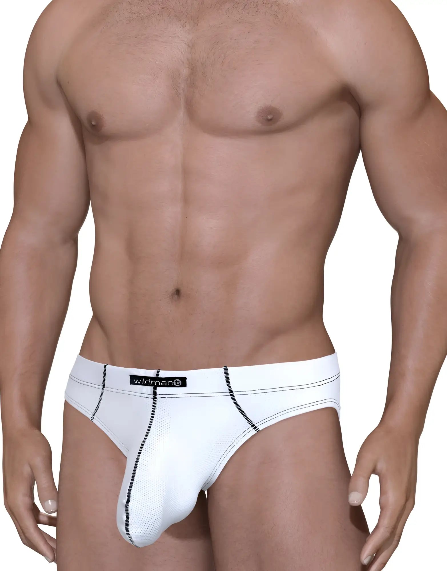 White mesh stitch big boy pouch brief with black stitching and wildman brand label for comfortable wear