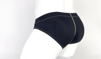 Black stitch big boy pouch brief with mesh panel and contrasting light green stitching for athletic wear