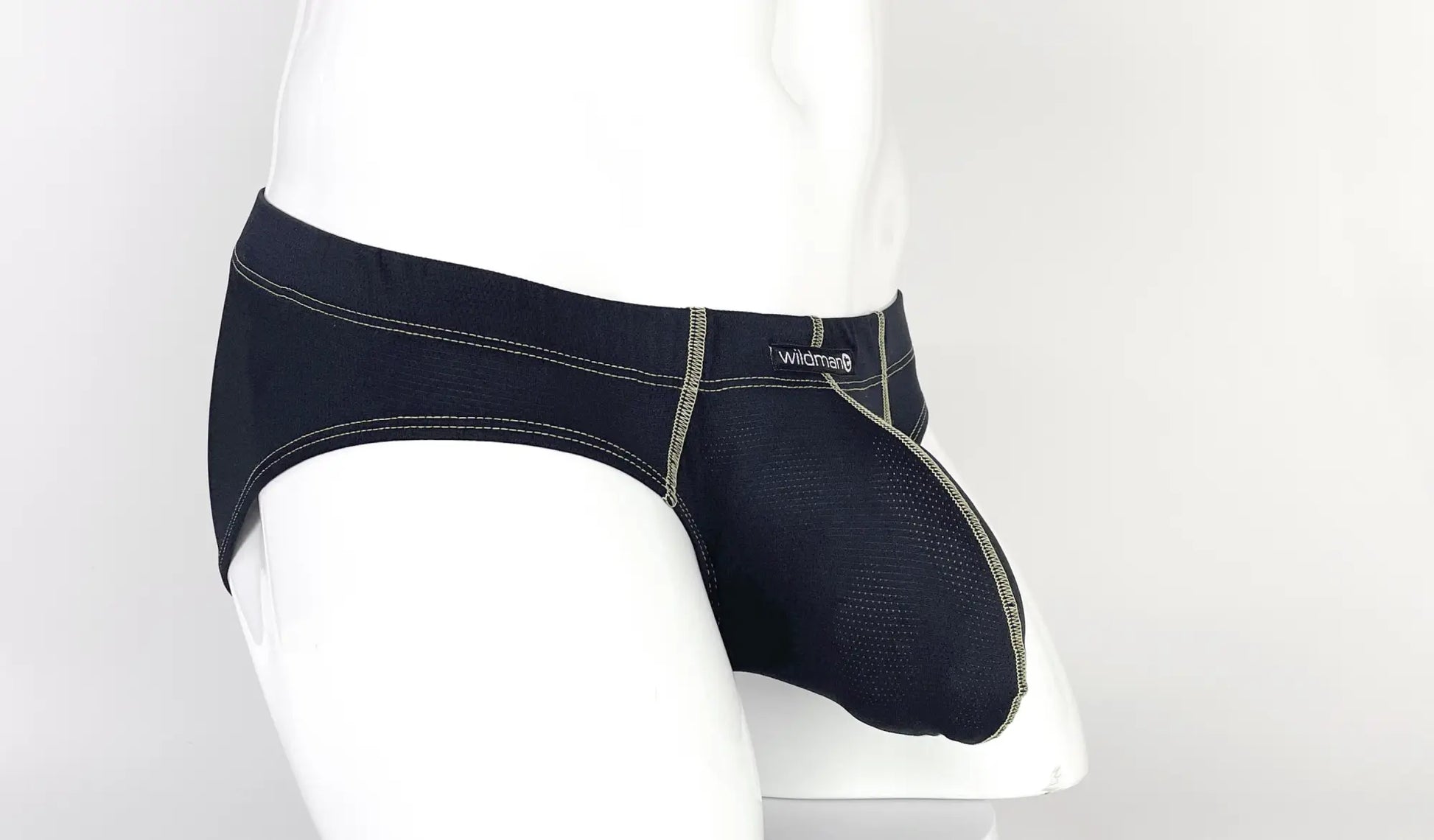 Black denim stitch big boy pouch brief in yellow with contrasting gray stitching and mesh side panel for breathability